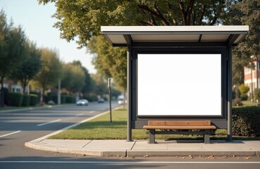 Blank poster on bus shelter in quiet suburban neighborhood. White billboard mockup with copy space on roadside. Public transport stop. Modern city street scene with bench. Ideal template for