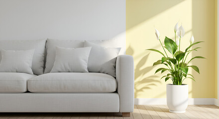A cozy white linen sofa with soft cushions, paired with a delicate peace lily in a minimalist white planter. The background features a subtle blend of light yellow and white