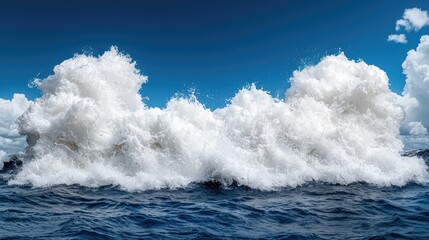 Fototapeta premium Ocean waves crashing under blue sky, clouds. Nature backdrop
