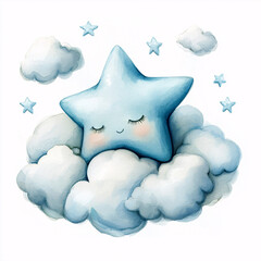Fototapeta premium Sleeping star nestled in fluffy clouds with small stars around.