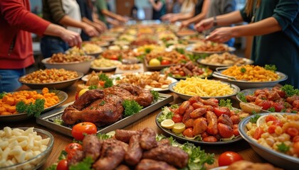 Obraz premium Buffet table full of diverse dishes from global cultures. People serve food at potluck dinner, representing community, gathering, sharing. Homemade culinary feast, friends, family neighboring around