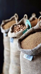 Obraz premium Various Grains and Seeds in Burlap Sacks at a Market Display for Local Agriculture
