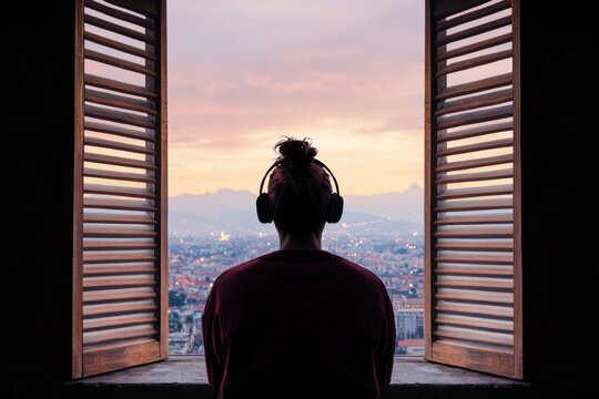 A person wearing headphones is looking out a window at a city - Powered by Adobe
