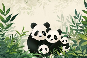 Naklejka premium Wild panda family, living in natural forest environment