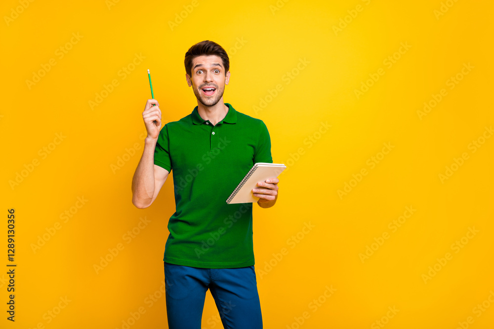 Aufkleber portrait of his he nice attractive genius focused cheerful cheery glad guy creating making notes coo