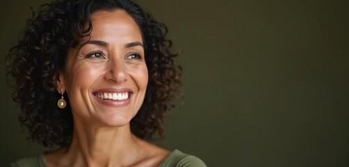 Close up of middle aged Hispanic woman with dark curly hair smiles. Confident female looking to side. Wrinkles on face not spoil. Copy space on dark green background. Portrait of real beauty.
