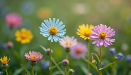 Colorful flowers in a garden with dew drops, vibrant mood, soft background, copy space