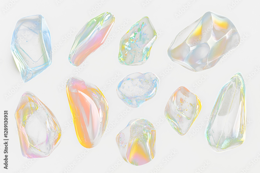 Poster iridescent gemstone collection on transparent background.