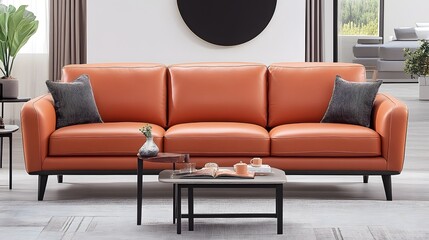 Modern Orange Leather Sofa with Decorative Pillows in a Bright and Airy Living Room Space
