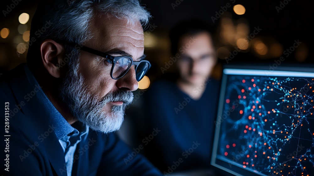 Poster senior caucasian scientist with gray beard and glasses analyzing data visualization on computer scre