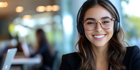 Young Asian businesswoman wearing glasses and headphones smiles warmly at camera while working in modern office space. Professional corporate environment.