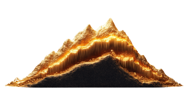 Gold mountain silhouette against dark background with abstract design elements and patterns isolated on transparent background.. - Powered by Adobe
