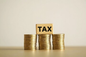 Word tax on wooden block on stacked gold coins to complete Individual income tax payments to government state taxes, Data analysis, paperwork, financial research, report, and Calculate tax refund