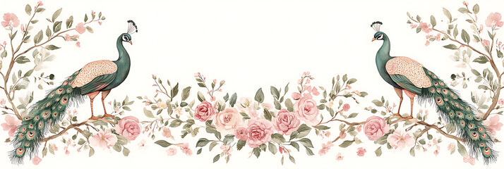 Obraz premium Elegant peacock pair amidst blooming pink roses and foliage, a picturesque watercolor design for refined decorative themes.