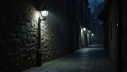Single street lamp illuminates dark alleyway with rough stone wall. City street light casts shadow, creating moody atmosphere. Urban scene evokes mystery, loneliness and cinematic gloom.