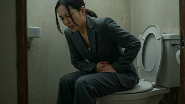 暗いトイレで腹を押さえて腹痛に耐えるスーツ姿の女性