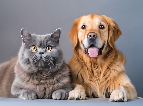 Fluffy British Shorthair Cat and Golden Retriever with Surprised Expressions, Sitting Together