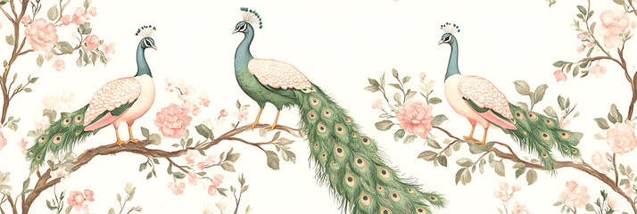 Elegant Peacocks Perch Gracefully Flowering