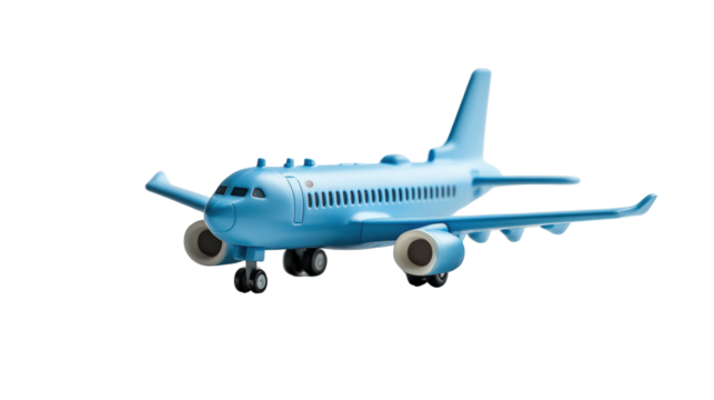 Blue toy airplane isolated on a black background for creative design or educational purposes isolated on transparent background..