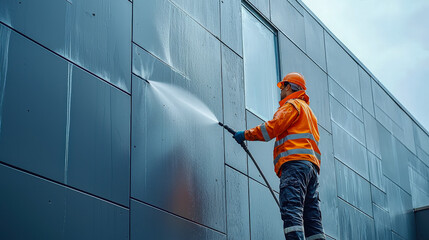 Worker cleans modern building exterior with pressure washer during daytime