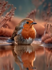 European robin redbreast relaxing in shallow water with reflection