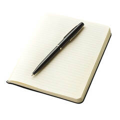 Open blank notebook with a sleek pen placed diagonally isolated on a white background.