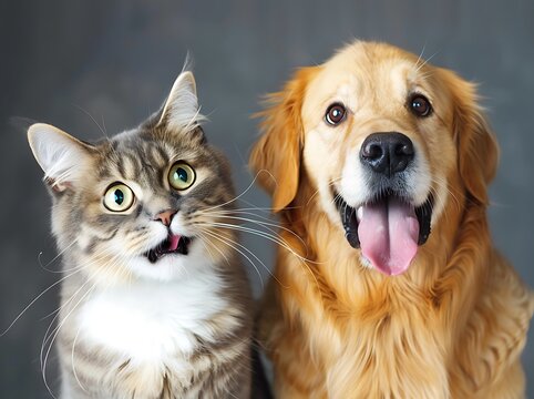 Fluffy British Shorthair Cat and Golden Retriever with Surprised Expressions, Sitting Together
