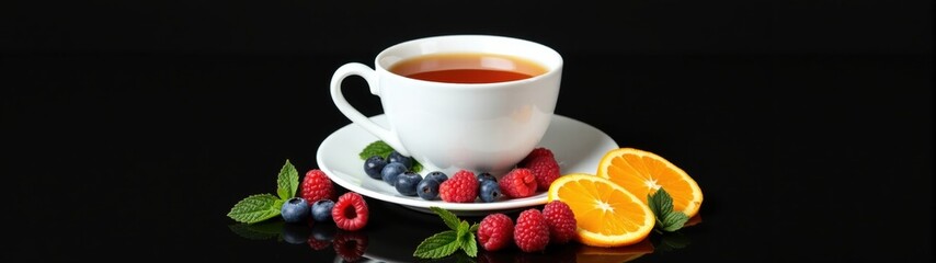 White cup with a blueberry and raspberry on it