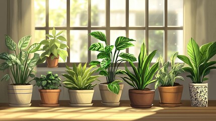 Fototapeta premium Create an detailed indoor scene with various houseplants in pots. 