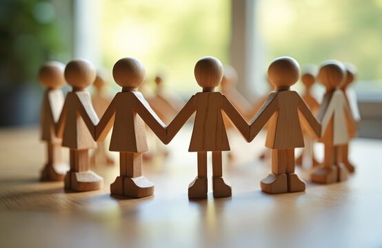 Wooden figurines hold hands in circle, represent unity, teamwork. Community in bright lit environment with blurred background symbolize diversity, connection, support, solidarity. Team building