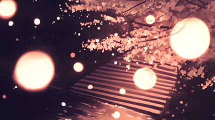 Obraz premium Serene Night Landscape with Floating Lanterns and Cherry Blossom Reflections on Water