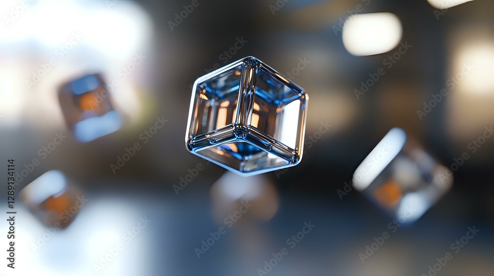 Poster floating transparent glass cubes with blue reflections on blurred background, macro photography with