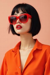 Retrato de un mujer guapa y elegante con gafas rojas