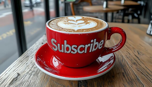 Red coffee cup with subscribe text and latte art heart pattern on wooden table in cafe. Cappuccino served in bright ceramic mug creates social media concept.