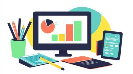Enhancing teleworking efficiency organized digital desk flat illustration for productivity