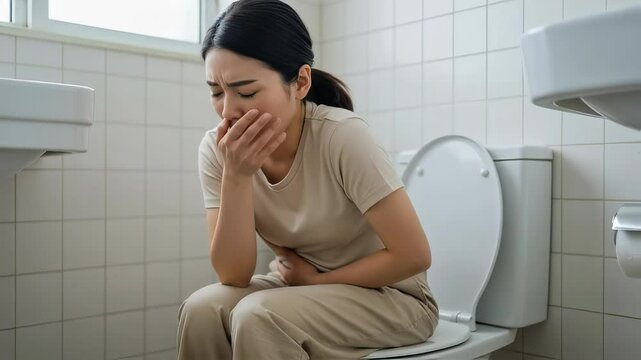 トイレに座り、腹痛と吐き気に苦しむTシャツ姿の女性