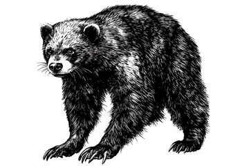 Vintage art of hand-drawn wolverine, black sketch effect, trendy animal print illustration, white background.
