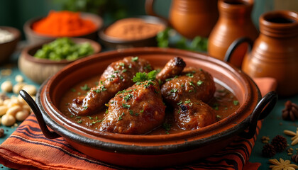 Mediterranean street food: Moroccan tagine with lamb, spices in copper containers, texture of ethnic tablecloths, vintage antique decor