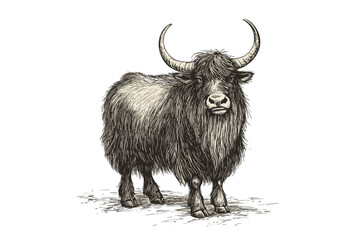 Vintage art of hand-drawn yak in antique style, wildlife black sketch, large wild animal, vector print design, trendy old engraving, white background, illustration, nature.
