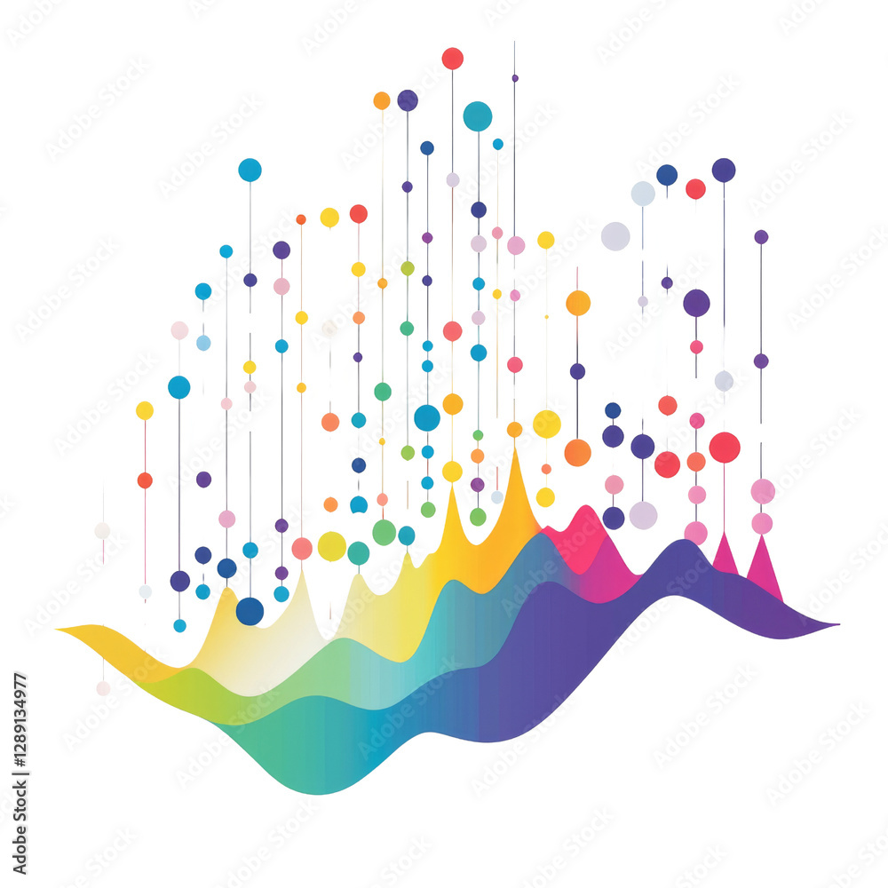 Poster colorful abstract wave design with dots and lines representing sound or data visualization. this vib