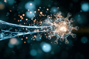 Glowing virus particle with corona spikes emitting light trails and bokeh effects on dark turquoise background, scientific visualization for medical research and education.