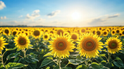 Fototapeta premium vast field of sunflowers stretches into horizon under bright blue sky, with sun casting warm glow over vibrant yellow blooms, creating serene and dreamy landscape