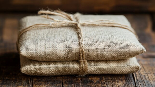 Wrapped Burlap Packages Tied with Twine on Wooden Surface