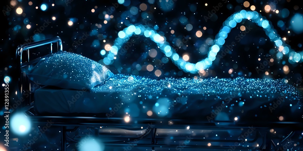 Poster magical night scene with glowing blue particles flowing from open book creating ethereal wave patter