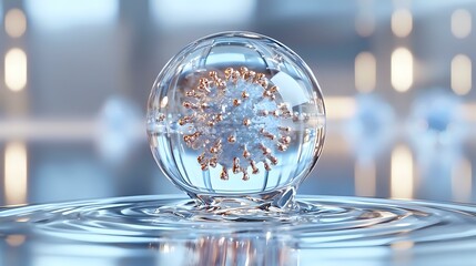 Transparent sphere with coronavirus model floating on rippled water surface against blurred bokeh background, scientific visualization concept.