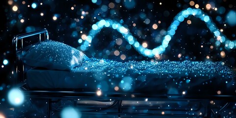Naklejka premium Magical night scene with glowing blue particles flowing from open book creating ethereal wave pattern against dark background with sparkling bokeh lights.