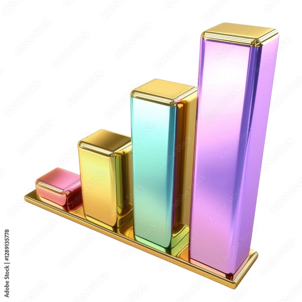 Poster Colorful 3D bar graph representing growth and progress in vibrant style. bars are shiny and metallic, showcasing various pastel colors