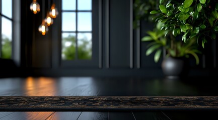 Fototapeta premium Dark wooden table surface with blurred modern interior background featuring pendant lights, window view and potted plant, creating moody atmosphere for product display.