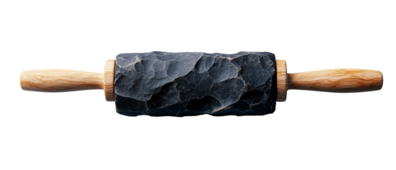Black stone rolling tool with wooden handle for crafting and home improvement projects isolated on transparent background..