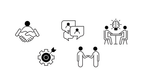 Fototapeta premium Business Networking and Corporate Communication. Icons: Business Handshake, Business Discussion, Professional Conversation, Business Partnership, Team Discussion. Editable Stroke and Colors.